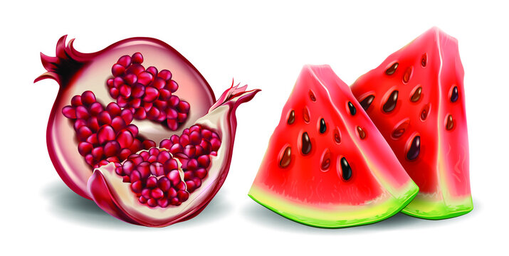Realistic fresh garnet and watermelon in 3d. Juicy fruits and berries isolated on white background. Realistic fruit pulp icon set. Vector illustration