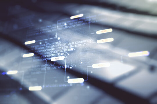 Double exposure of abstract creative programming illustration on shiny metal background, big data and blockchain concept