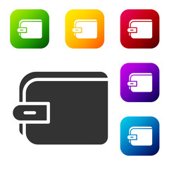 Black Wallet icon isolated on white background. Purse icon. Cash savings symbol. Set icons in color square buttons. Vector.