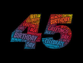 Happy 45th birthday word cloud, holiday concept background