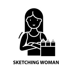 sketching woman icon, black vector sign with editable strokes, concept illustration