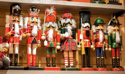 Christmas soldier. Nutcracker made of wood.  Christmas market. Christmas and New Years Eve.