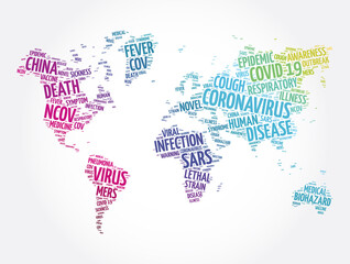 Fototapeta na wymiar Coronavirus word cloud in shape of world map, health concept background