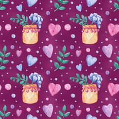 Lilac illustration with flowers in a vase, hearts, leaves. Seamless watercolor pattern for Valentine's day decor