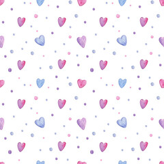 Seamless pattern with hearts for Valentine's Day. Hand drawn watercolor doodle illustration for background, wallpaper, textile