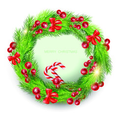 Fototapeta na wymiar Realistic Christmas tree wreath. Made from natural pine branches with red balls and garland. Green tree branch in the form of a Christmas wreath. Vector illustration