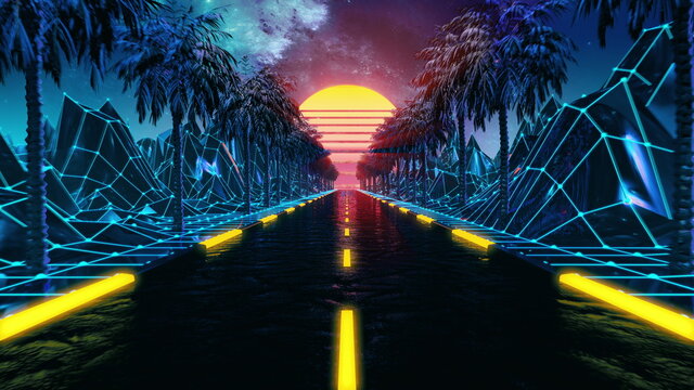 80s Retro Futuristic Sci-fi Background. VJ Videogame Landscape With Neon Lights