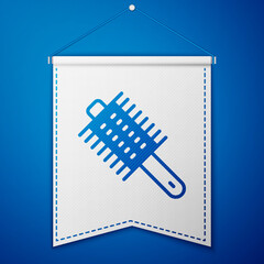 Blue Hairbrush icon isolated on blue background. Comb hair sign. Barber symbol. White pennant template. Vector.