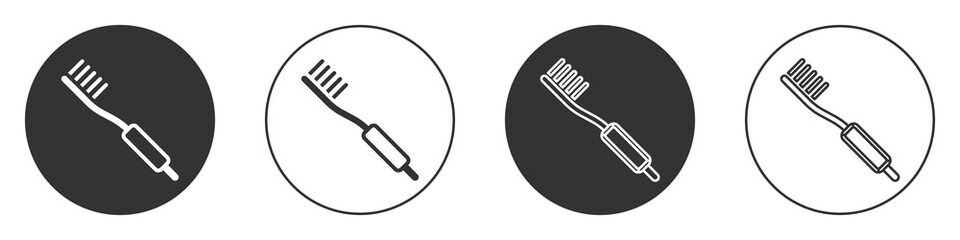 Black Toothbrush icon isolated on white background. Circle button. Vector.