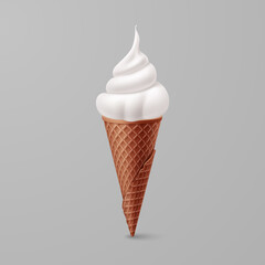 Tasty Vanilla Ice Cream in Brown Waffle Cone. Street Fast Food Dessert, Creative illustration Isolated on Gray Background