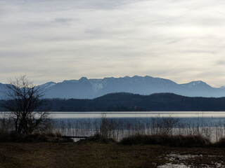 Lake Staffelsee, nature landscape with mountain panorma, Bavaria, Germany