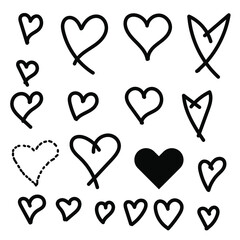 Set of hand drawn heart. Handdrawn rough marker hearts isolated on white background. Vector illustration for your graphic design