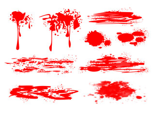 Set of texture spots. Red abstract drop and splatter. Blood splatter realistic blood stain patterns set smear splatter drops. Vector illustration