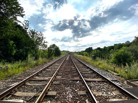Leeds to Bradford railway line, on a cloudy day in Pudsey, Leeds, UK