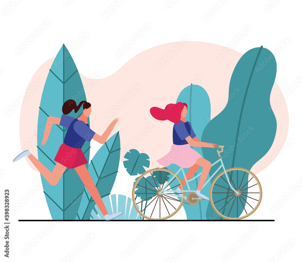 Wall mural young women running and bike ride characters