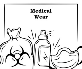 medical wear protective equipment mask spray and biohazard waste sketch style