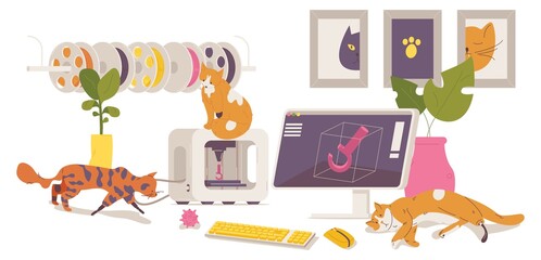 Various cats with prosthesis made with 3d printer. Interior scene with artist or designer workplace with kittens, display monitor, filament spools isolated on white - obrazy, fototapety, plakaty