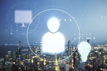 Abstract virtual social network concept on Chicago skyline background. Multiexposure