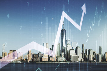 Obraz premium Double exposure of abstract creative financial chart and upward arrow illustration on New York city skyscrapers background, research and strategy concept