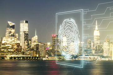 Double exposure of virtual creative fingerprint hologram on New York city office buildings background, protection of personal information concept