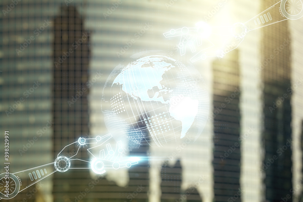 Poster abstract virtual robotics technology hologram with globe sketch on office buildings background. robo