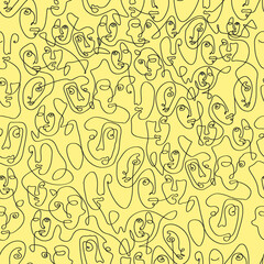 Surreale Gesichter Ein Liniennahtloses Muster. Abstraktes minimalistisches Kunstdesign für Druck, Cover, Tapete, minimale und natürliche Wandkunst. Vektorillustration auf gelbem Hintergrund.
