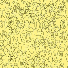 Behang Lijnkunst Surrealistische gezichten één regel naadloos patroon. Abstract minimalistisch kunstontwerp voor print, omslag, behang, minimale en natuurlijke muurkunst. Vectorillustratie op gele achtergrond.