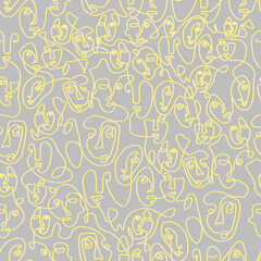 Surreal Faces One Line Seamless Pattern . Abstract Minimalistic Art design for print, cover, wallpaper, Minimal and natural wall art. Vector illustration on gray background.