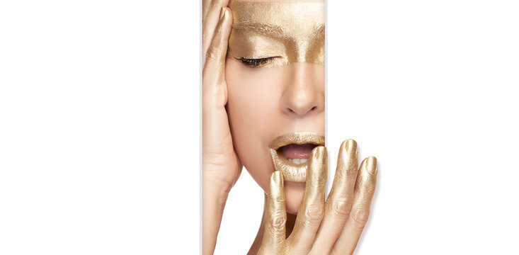 Gold beauty skincare concept. Beautiful model girl with gold on skin. Skin care with gold