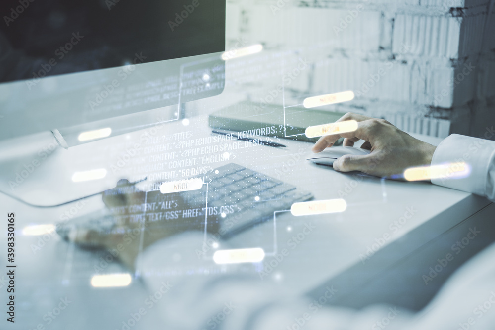 Poster double exposure of abstract programming language hologram with hands typing on laptop on background,