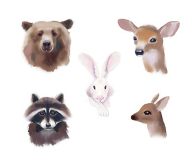 Portraits of animals. Cute illustration. Bear face, Raccoon, deer, rabbit face. Watercolor animal portraits.