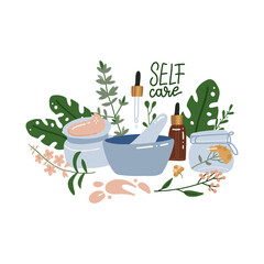 Organic and natural cosmetics. Cream, lotion, serum, mortar and pestle. Self care concept. All elements are isolated. Flat vector illustration. Side view in tubes and bottels.
