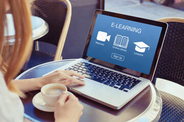 e-learning and online education concept, student searching webinars and courses on internet - obrazy, fototapety, plakaty