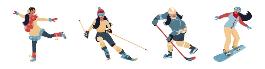 Women's winter sports. Ice skating, skiing, snowboarding, ice hockey. Winter outdoor activities. Vector flat cartoon illustration on white background.