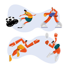 group of four athletes practicing sports characters