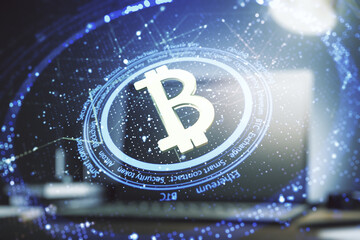 Creative Bitcoin concept with modern computer background. Double exposure