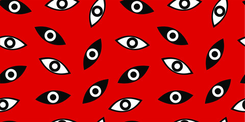 Seamless pattern with All-seeing eye for fashion prints, fabrics, wallpapers, wrapping paper, bedding. Black and white eye - Masonic symbol. Vector illustration. Red background.