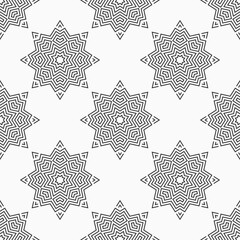 Christmas seamless snowflakes pattern. Repeating geometric shapes. New Year card illustration. Holiday design. Winter. Vector monochrome background.