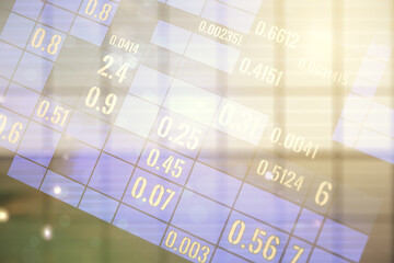 Double exposure of abstract creative statistics data hologram on empty room interior background, analytics and forecasting concept