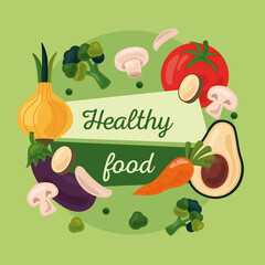 fresh fruits and vegetables healthy food set icons and lettering