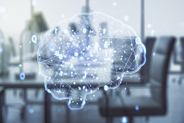 Virtual creative artificial Intelligence hologram with human brain sketch on a modern furnished classroom background. Double exposure