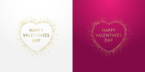 Happy Valentines Day typography in golden sparkling stroke heart with dust glitter graphic, white and pink backgrounds. Decorative glowing dots, shiny texture, creative design. Luxury love vector sign