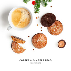 Coffee cup and gingerbread cookies christmas composition