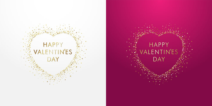 Happy Valentines Day typography in golden sparkling stroke heart with dust glitter graphic, white and pink backgrounds. Decorative glowing dots, shiny texture, creative design. Luxury love vector sign