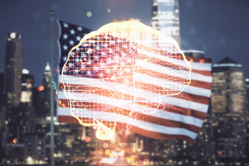 Virtual creative artificial Intelligence hologram with human brain sketch on US flag and skyline background. Double exposure