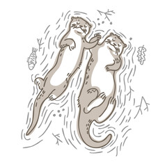 Couple otter, Funny otters swim in the water and hold each other's paws. Couple lovers cute otters. Vector illustration