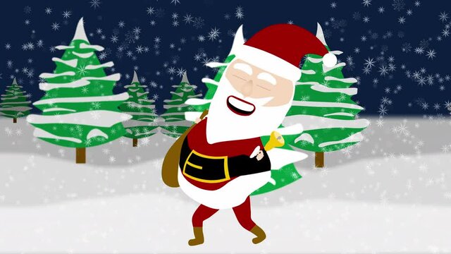 Seamless looping walking cartoon Santa with bell and bag in snowy forest