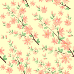 Spring blossom romantic pattern on yellowish background