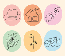 bundle of six elements one line style icons