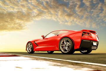 Fototapeta na wymiar Red generic sport car in the sunset